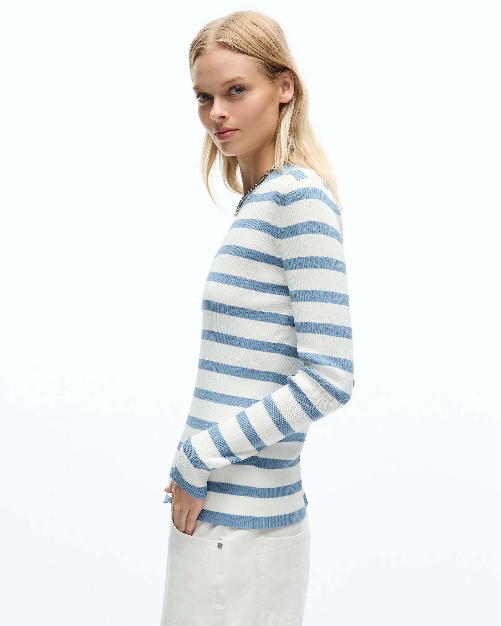 AGNES LONG SLEEVE KNIT TOP - BLUE FOG STRIPE