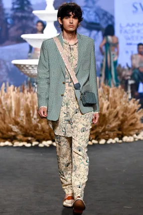 Beige Butti Printed Blazer, Kurta and Pants