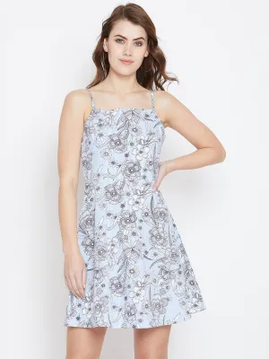 Berrylush Women Blue and White Floral Printed Square Neck Fit & Flare Mini Dress