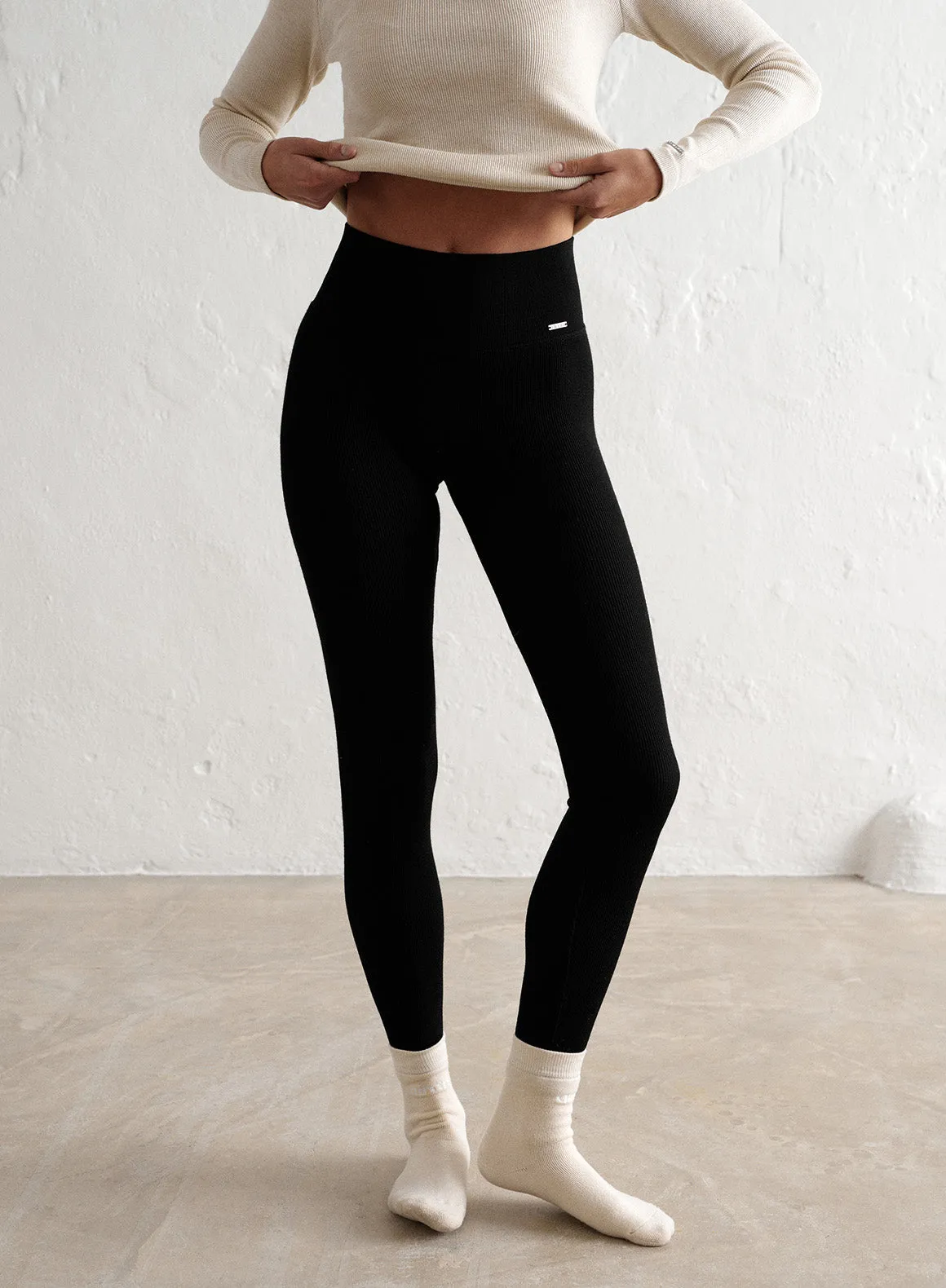 Black Ribbed Wool Leggings