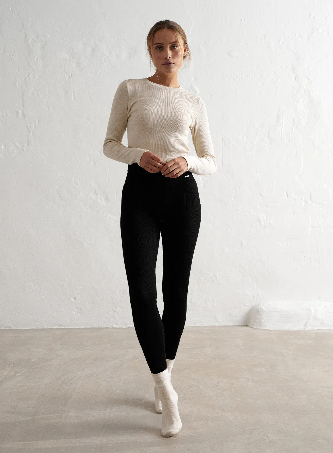 Black Ribbed Wool Leggings