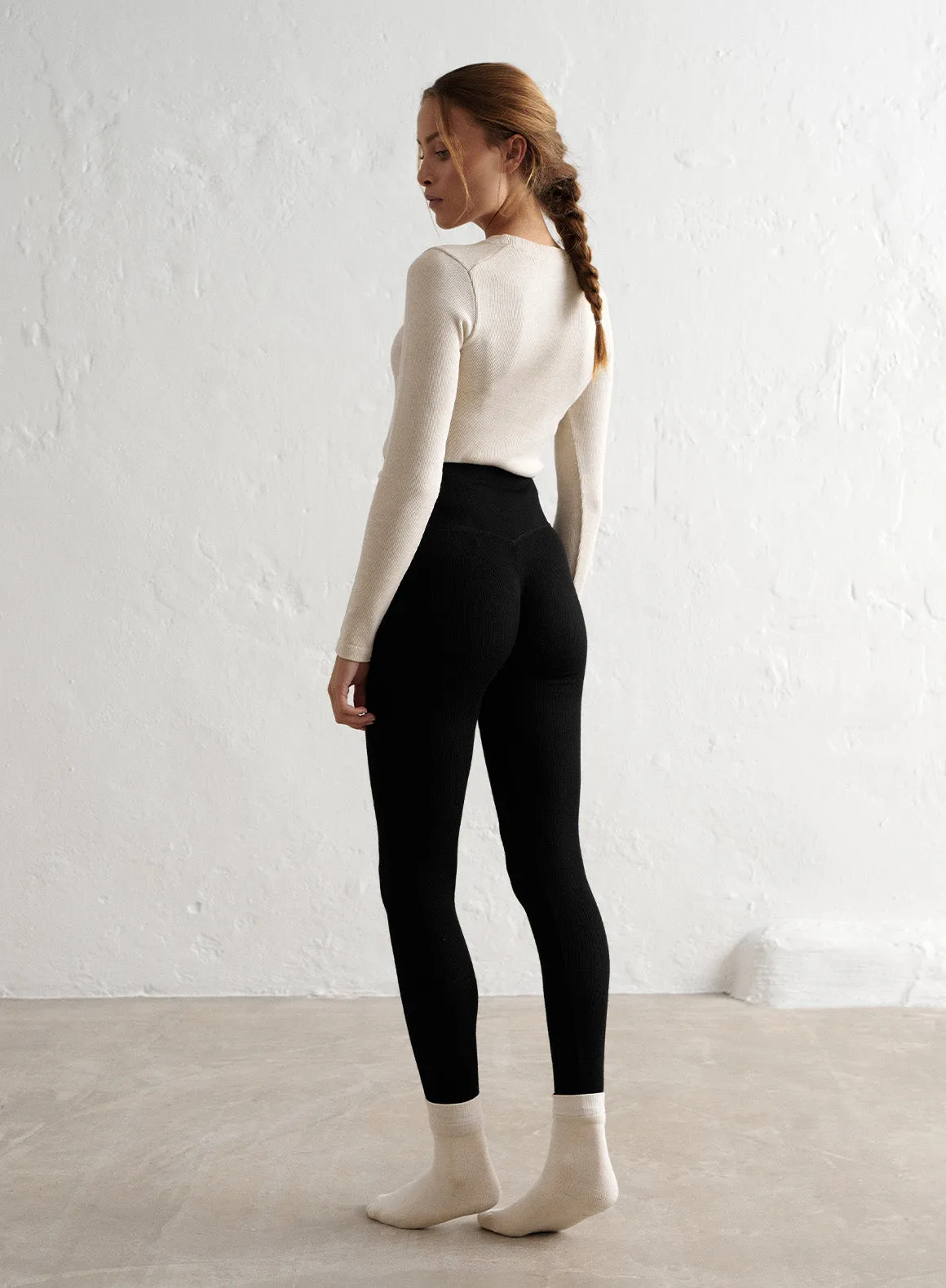 Black Ribbed Wool Leggings