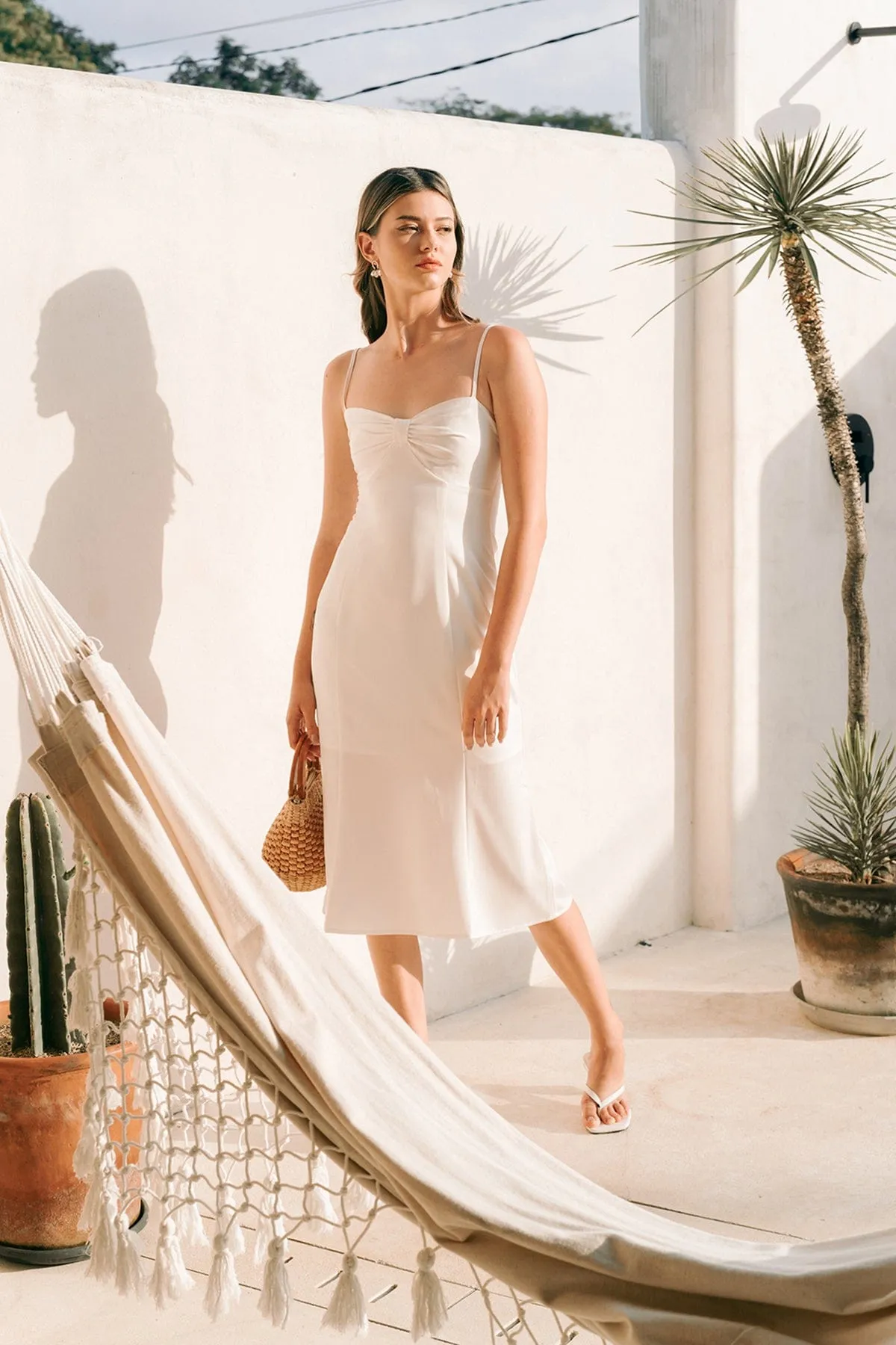 CAMILLA RIBBON SATIN SLIP DRESS IN WHITE