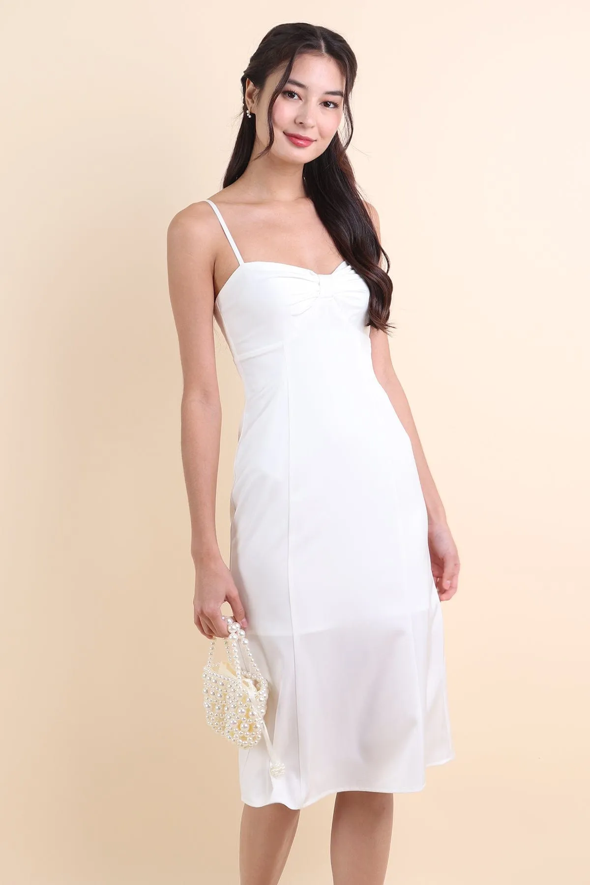 CAMILLA RIBBON SATIN SLIP DRESS IN WHITE