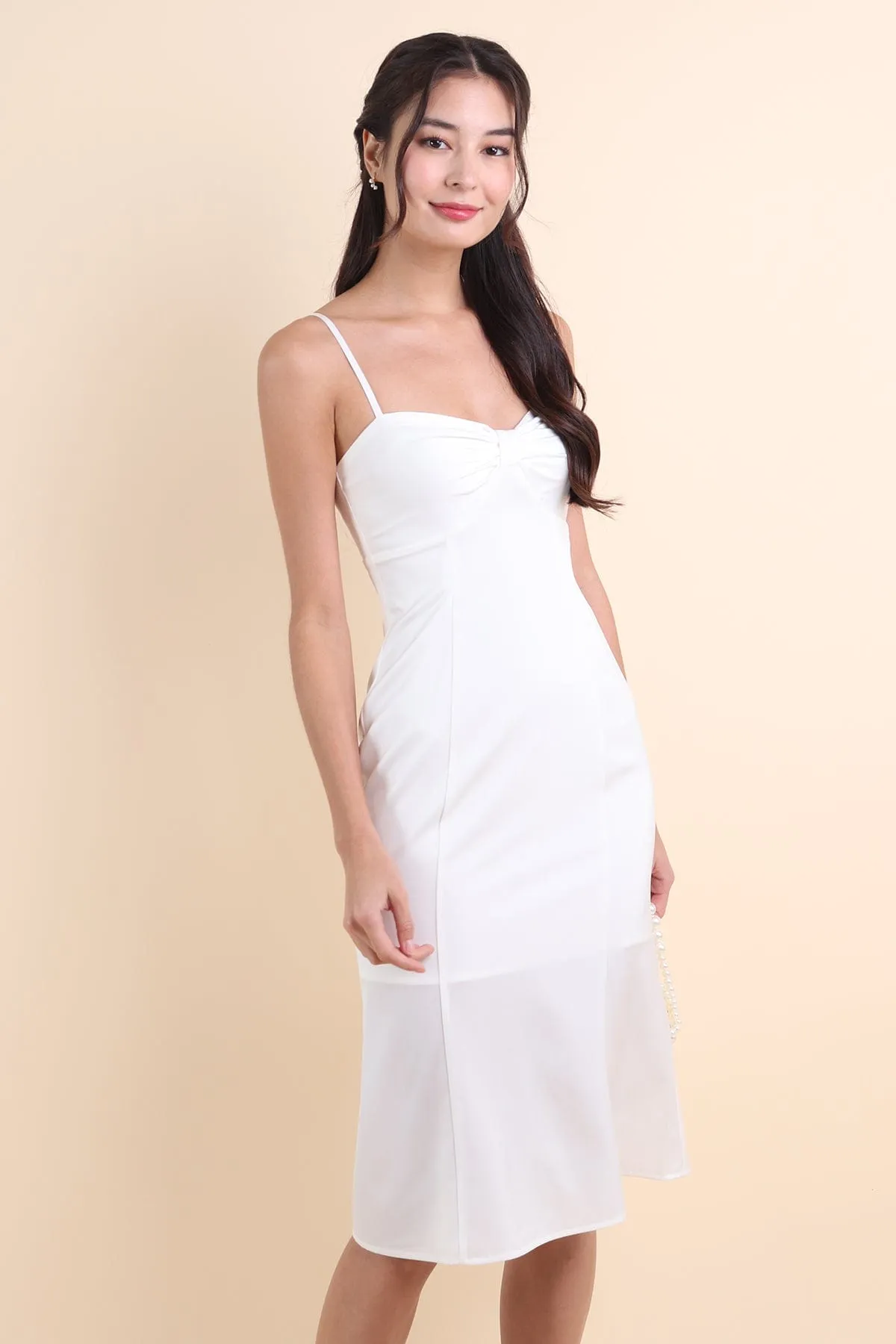 CAMILLA RIBBON SATIN SLIP DRESS IN WHITE