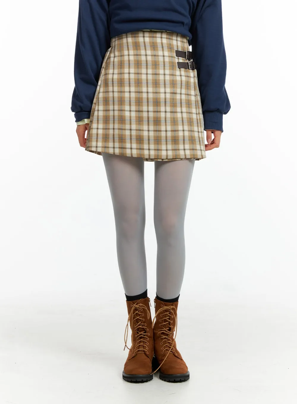 Checkered Buckle Mini Skirt OF415