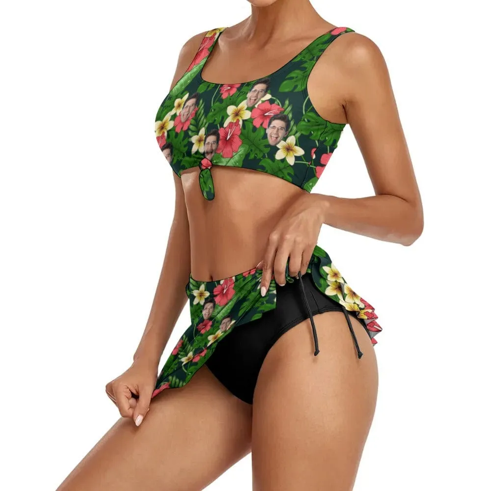 Custom Face Tropical Flower Bikini Set Personalized Drawstring Chest Strap Bikini Skirt