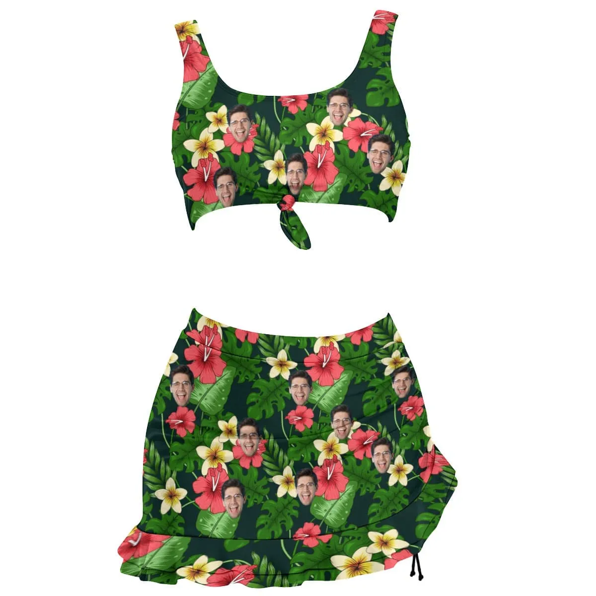 Custom Face Tropical Flower Bikini Set Personalized Drawstring Chest Strap Bikini Skirt