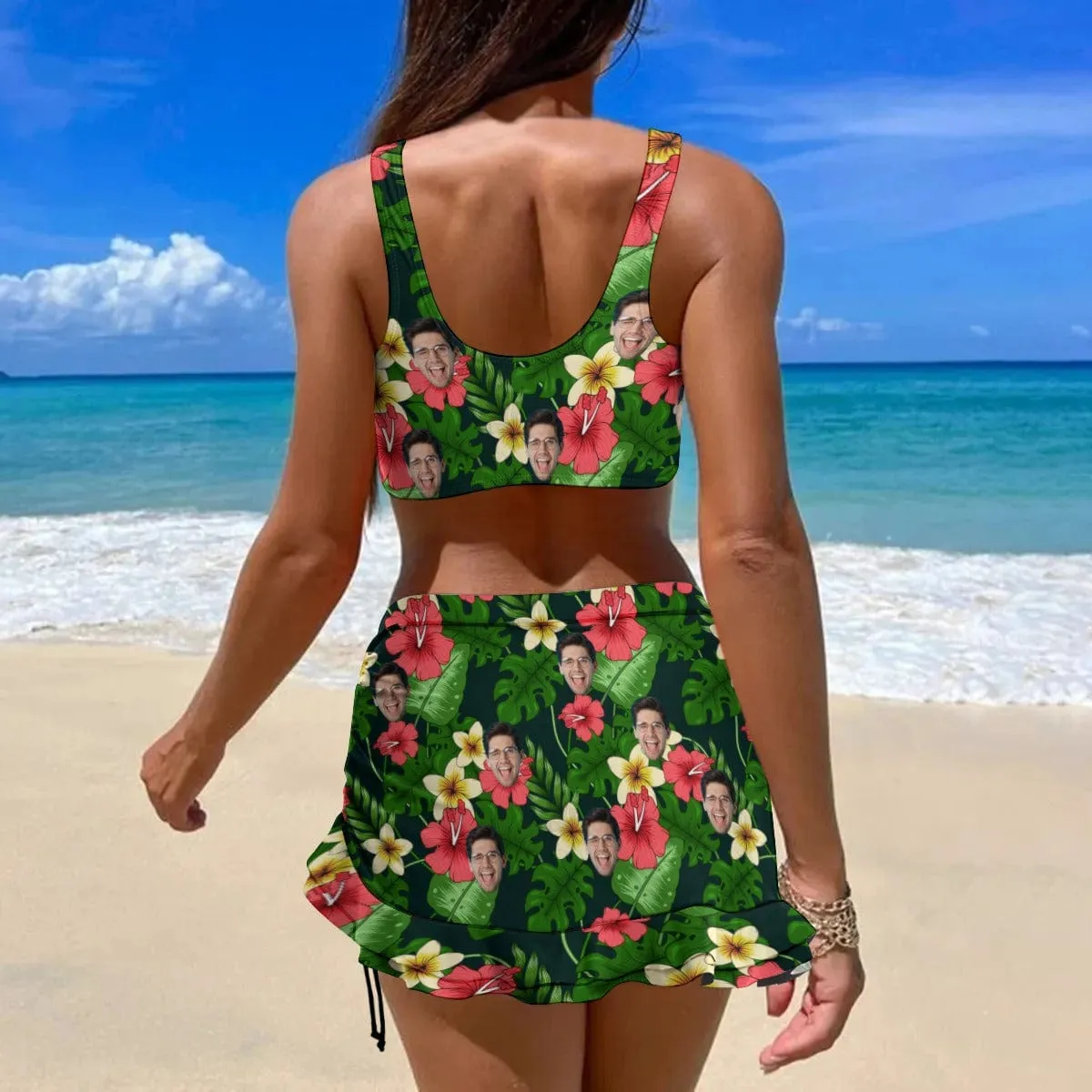 Custom Face Tropical Flower Bikini Set Personalized Drawstring Chest Strap Bikini Skirt