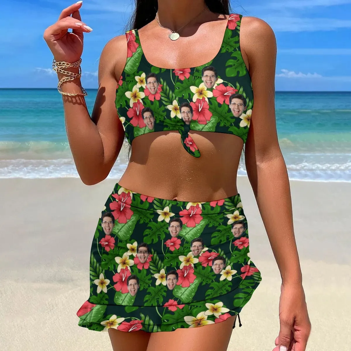 Custom Face Tropical Flower Bikini Set Personalized Drawstring Chest Strap Bikini Skirt