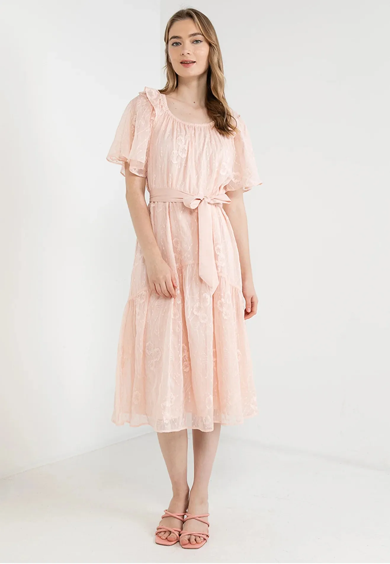 ELLE Apparel Blossom Embroidered Lace Ribbon Tie Midi Dress