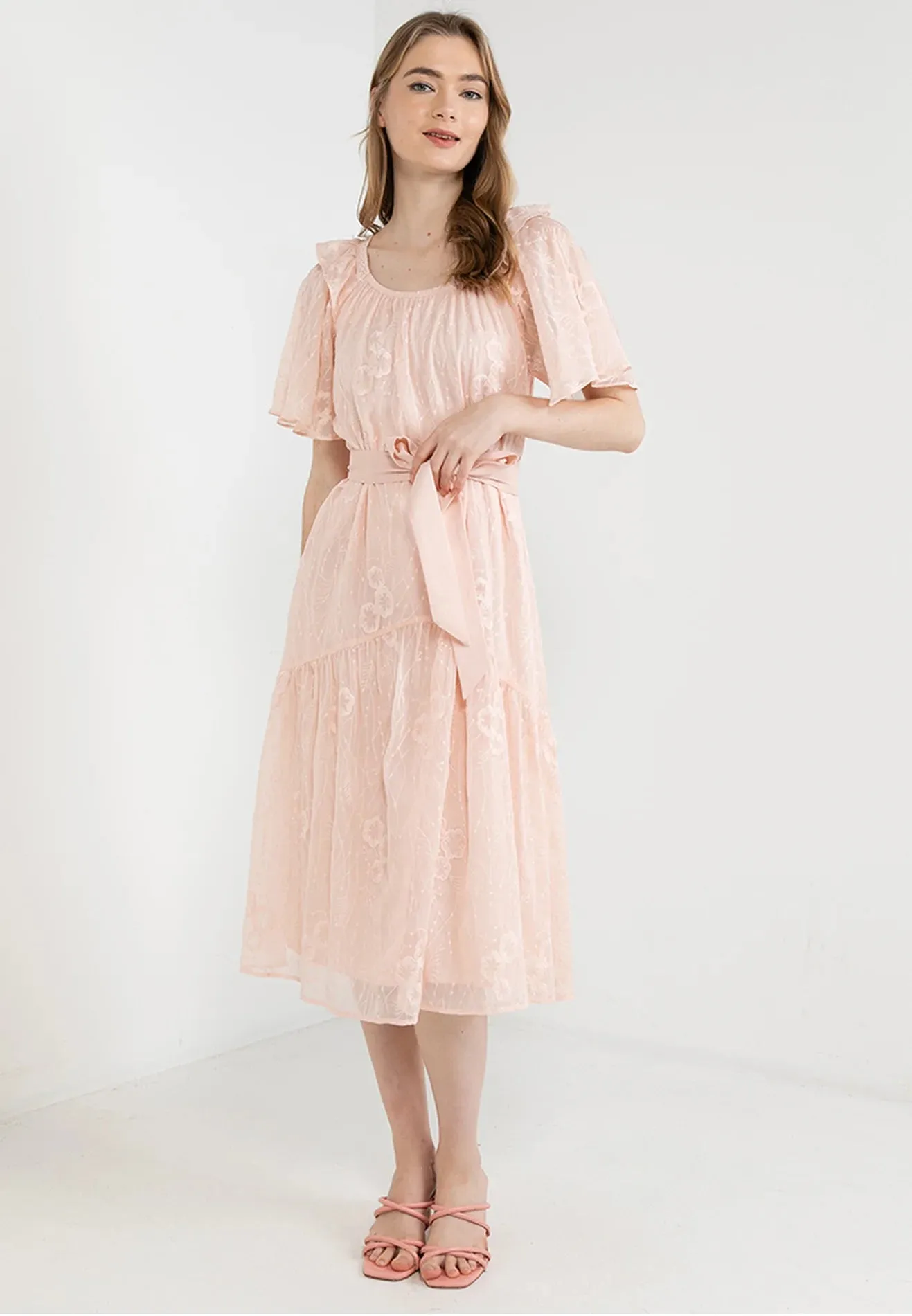 ELLE Apparel Blossom Embroidered Lace Ribbon Tie Midi Dress