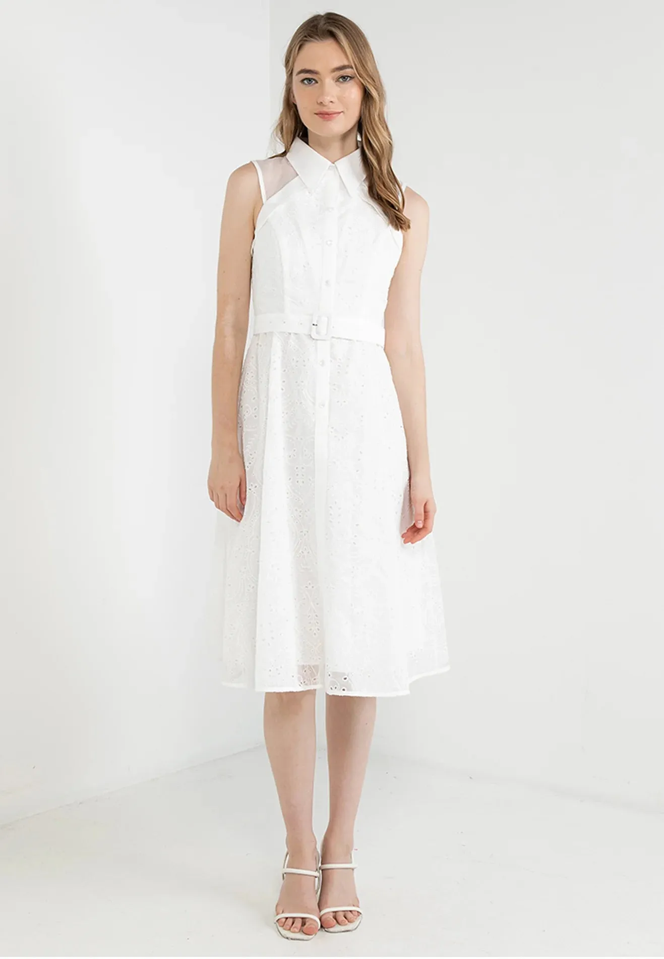 ELLE Apparel Collar Belted Blossom Lace Organza Midi Dress