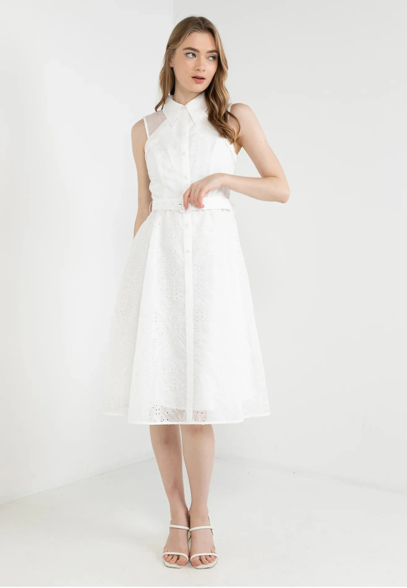 ELLE Apparel Collar Belted Blossom Lace Organza Midi Dress