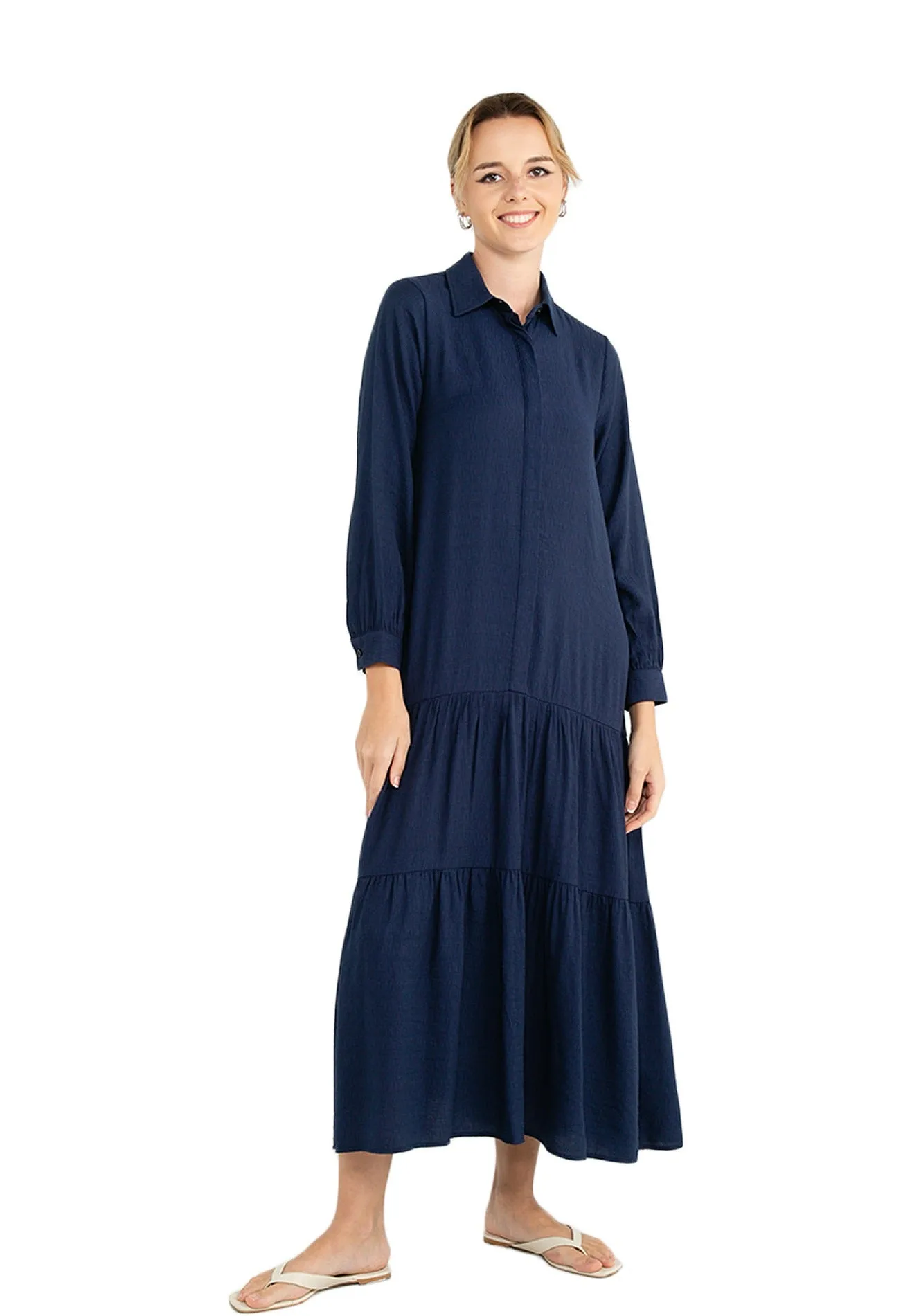 ELLE Apparel Collar Neck Long Sleeves Tiered Maxi Dress