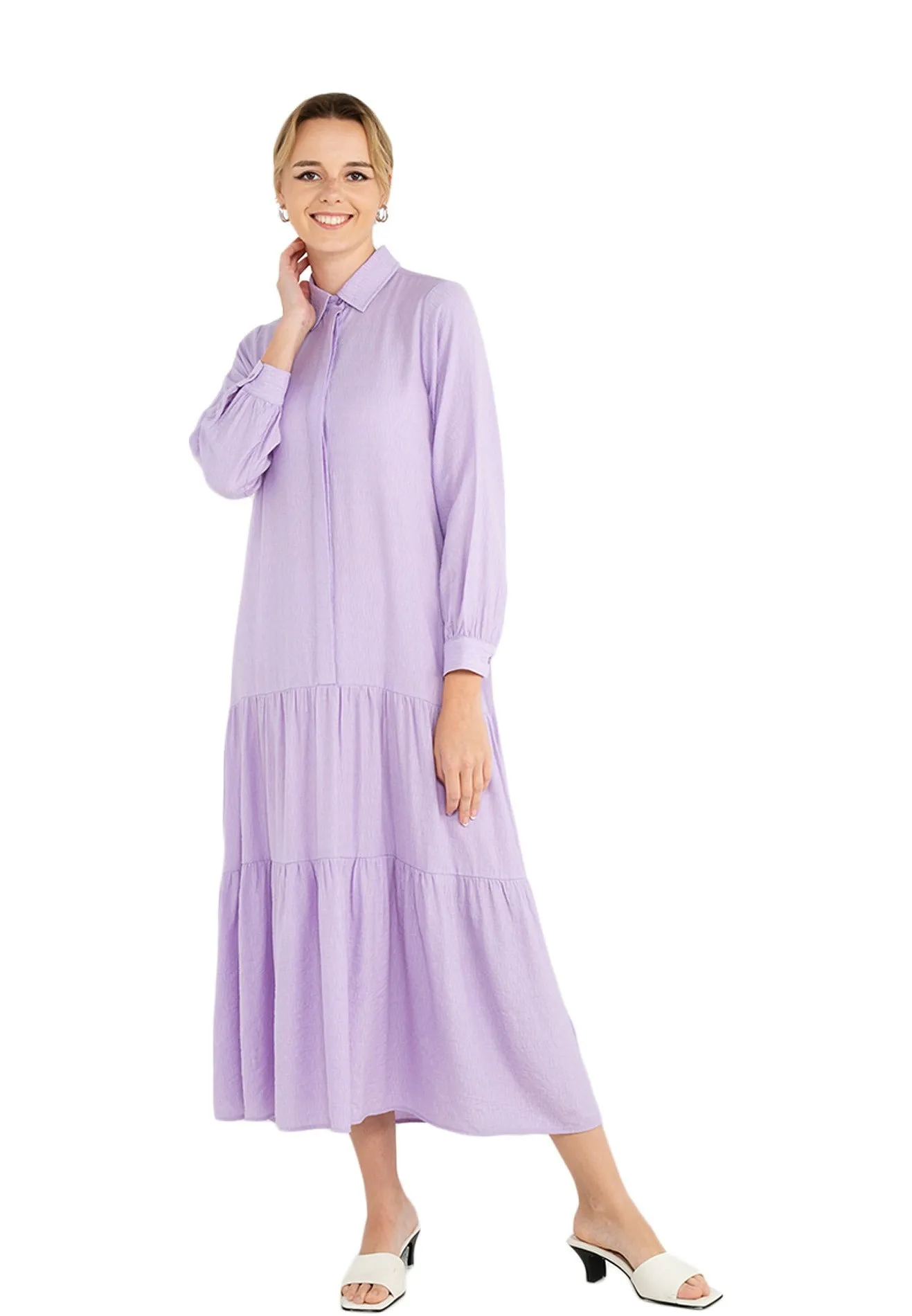 ELLE Apparel Collar Neck Long Sleeves Tiered Maxi Dress