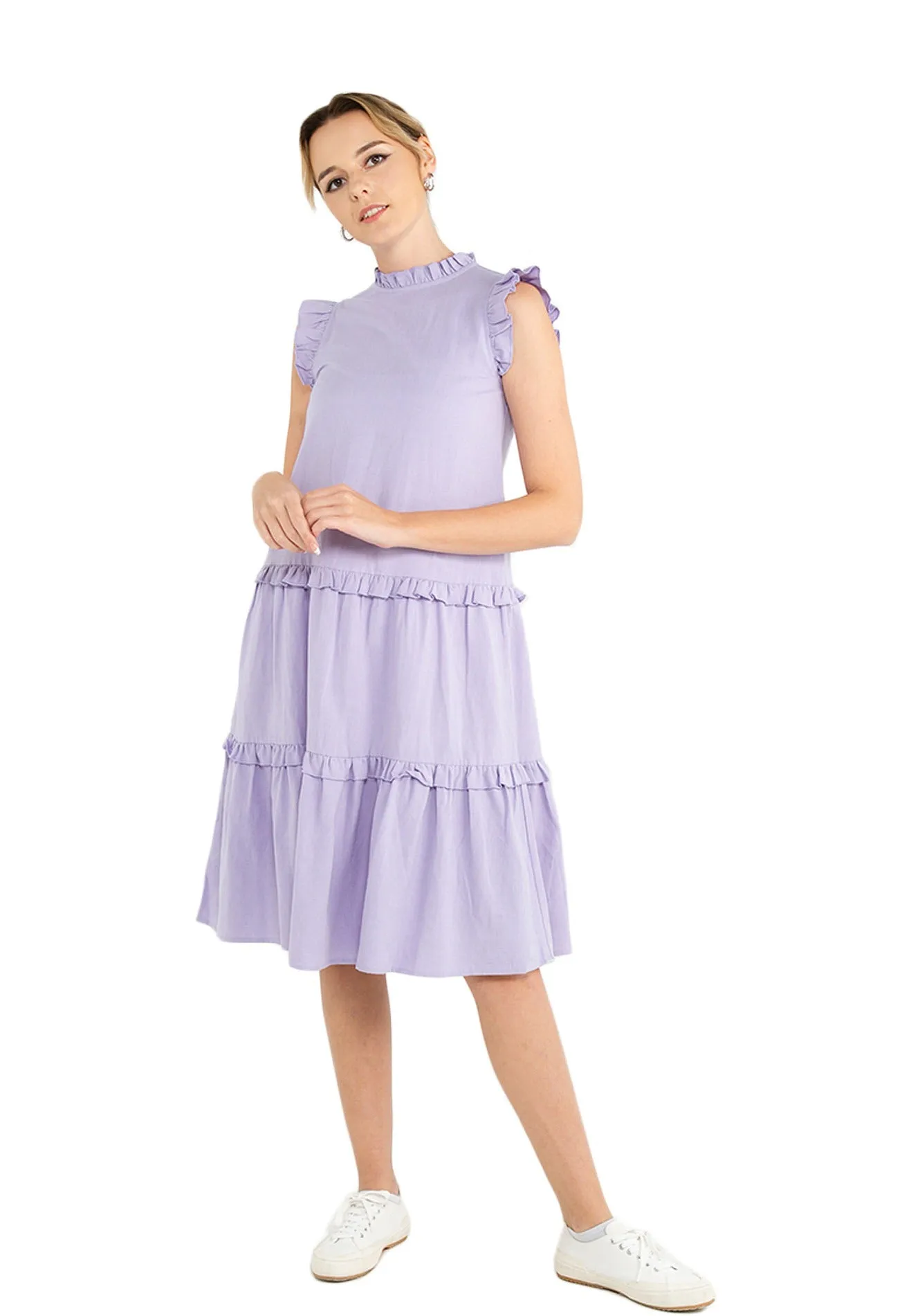 ELLE Apparel Ruffle Sleeves Tie Back Linen Midi Dress