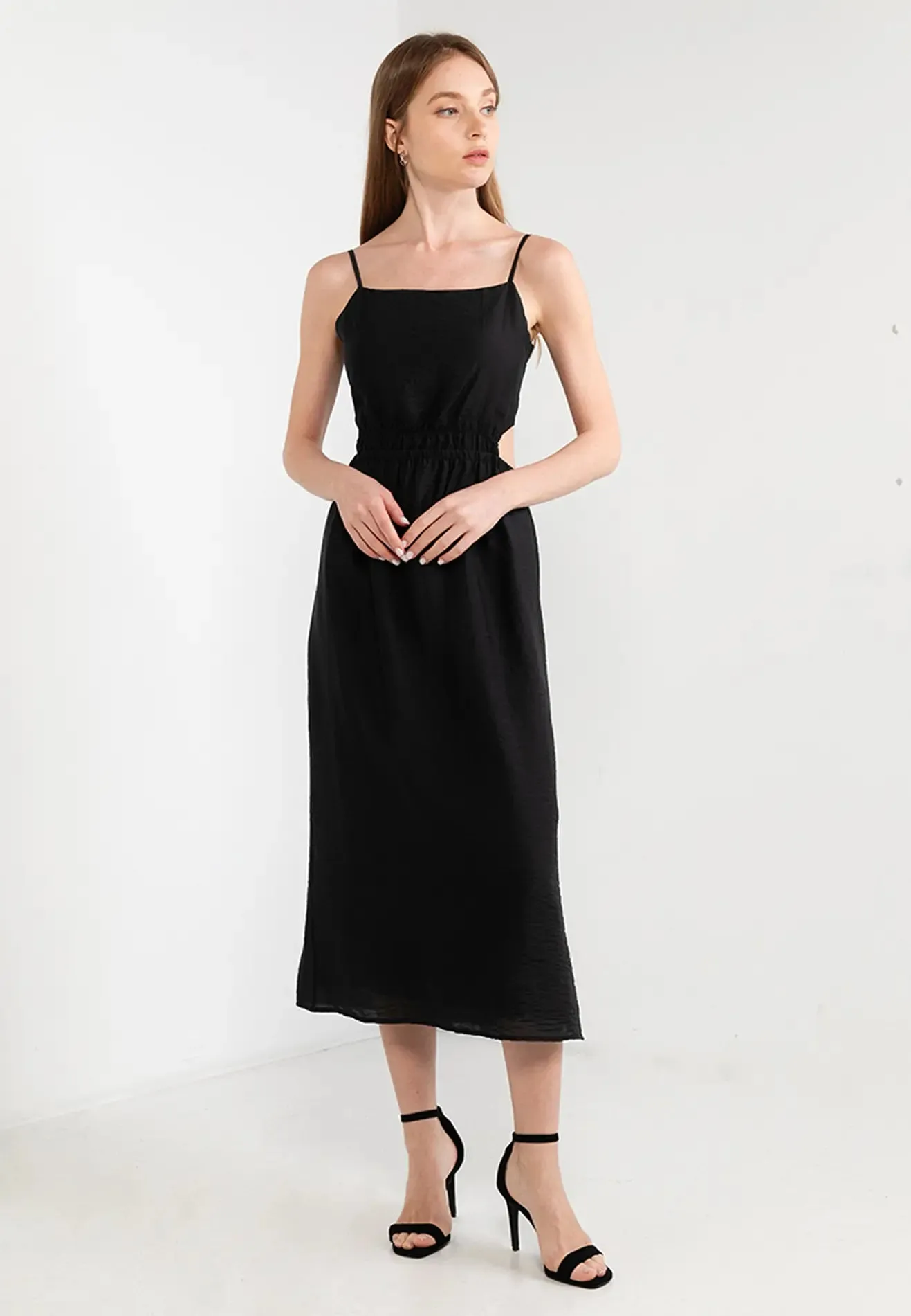 ELLE Apparel Square Neck Tie Backless Midi Dress