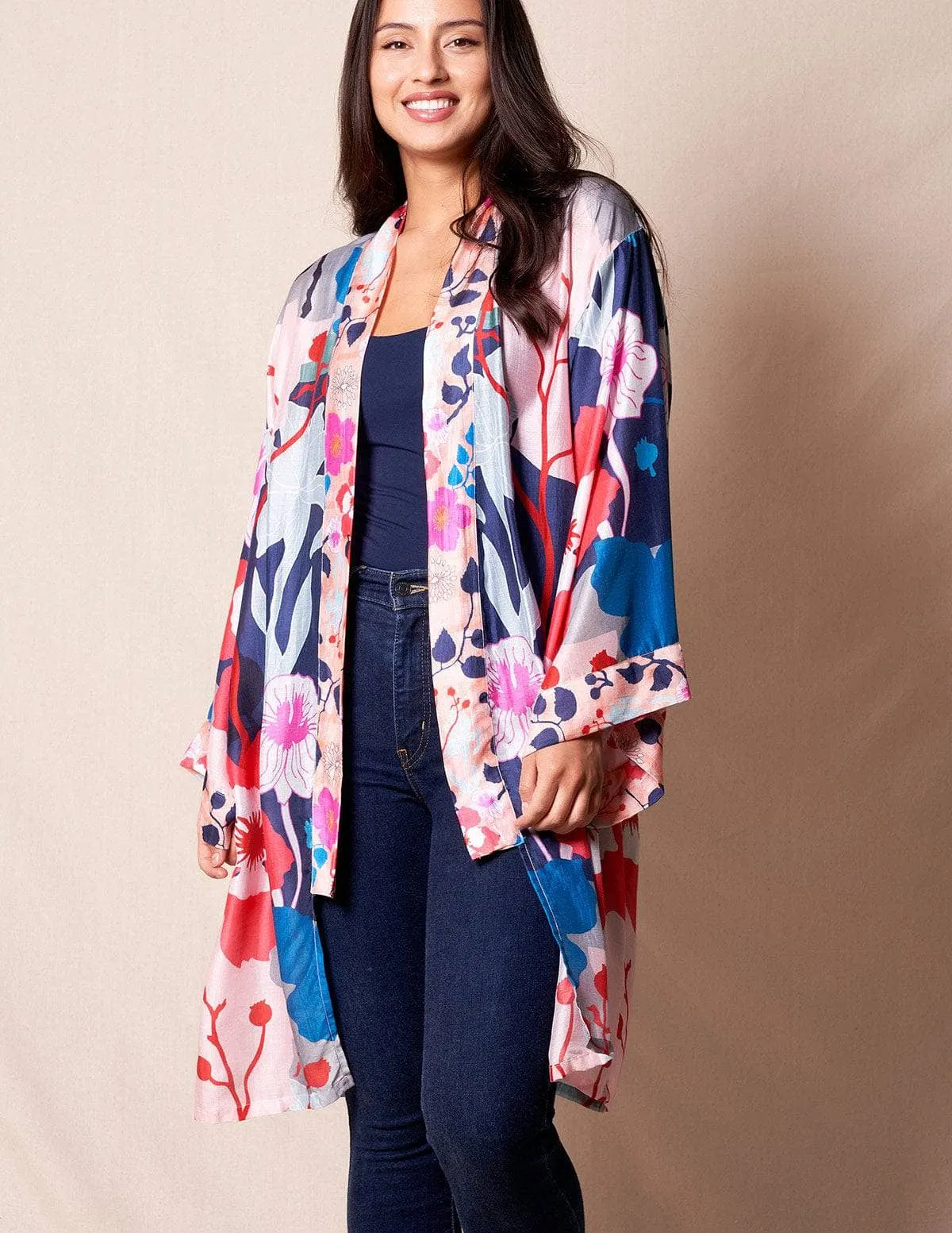 Fair Trade Open Wrap Kimono - Silver/Floral