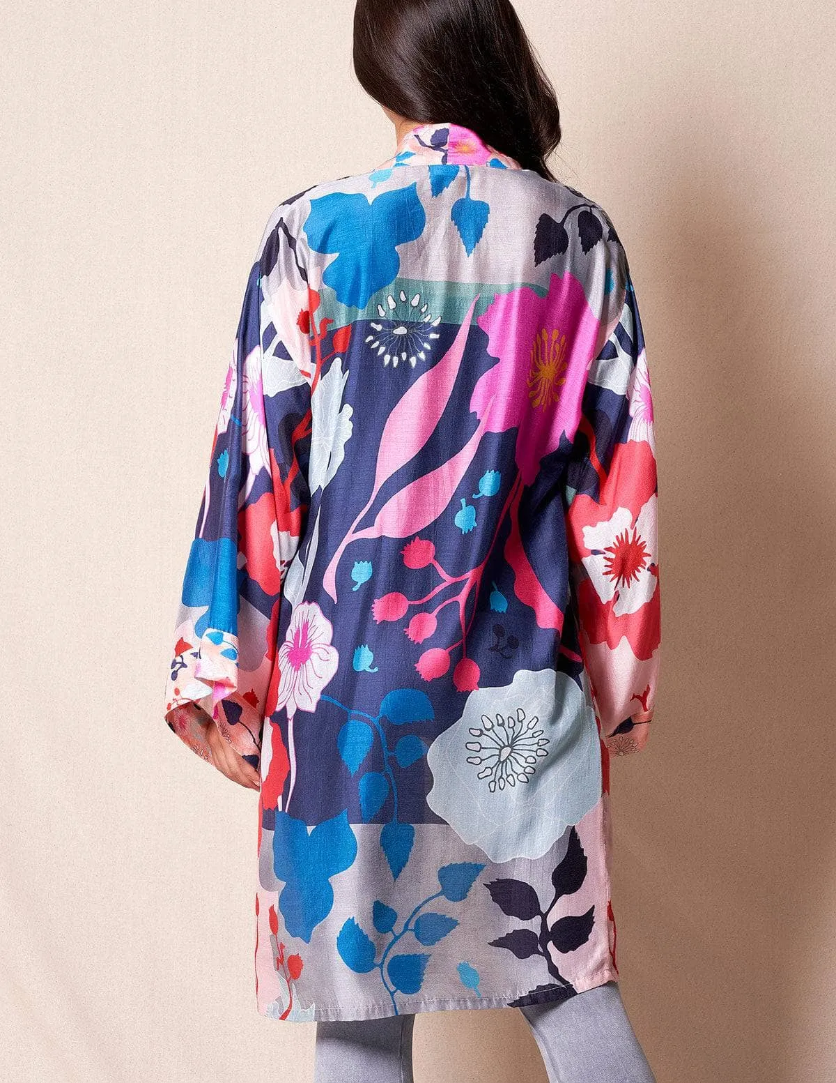 Fair Trade Open Wrap Kimono - Silver/Floral