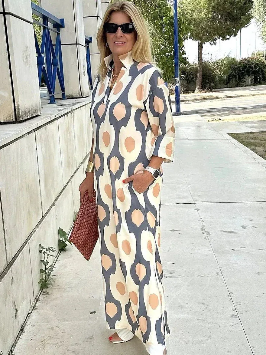 Geometric Print Maxi Dress for Women with Split V Neck and Long Sleeves