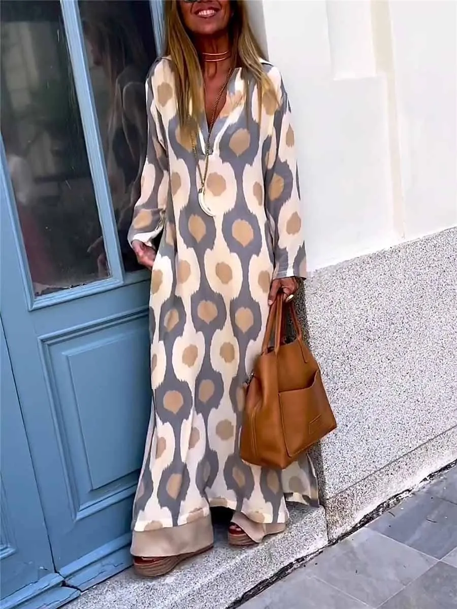 Geometric Print Maxi Dress for Women with Split V Neck and Long Sleeves