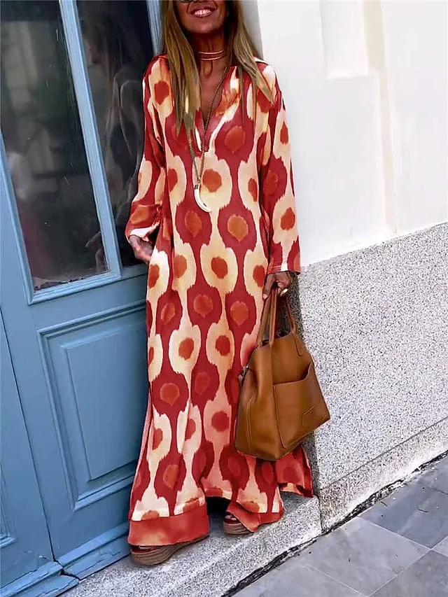 Geometric Print Maxi Dress for Women with Split V Neck and Long Sleeves