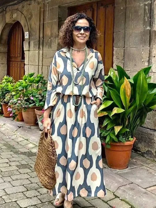 Geometric Print Maxi Dress for Women with Split V Neck and Long Sleeves