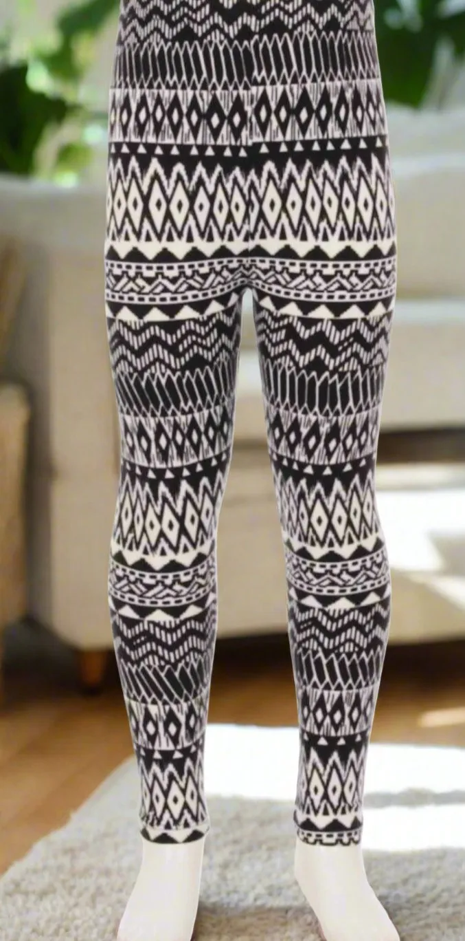 Girls Aztec Striped Leggings, Kids Yoga Pants, Size S/L, No-Roll Waist, Black/White