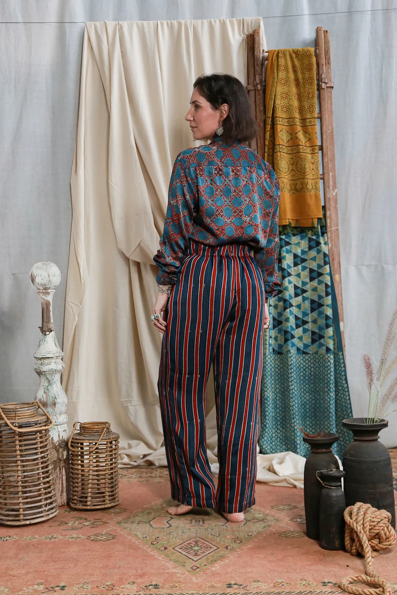 High Waisted Bottom Pants Ajrakh Silk Modal Stripe