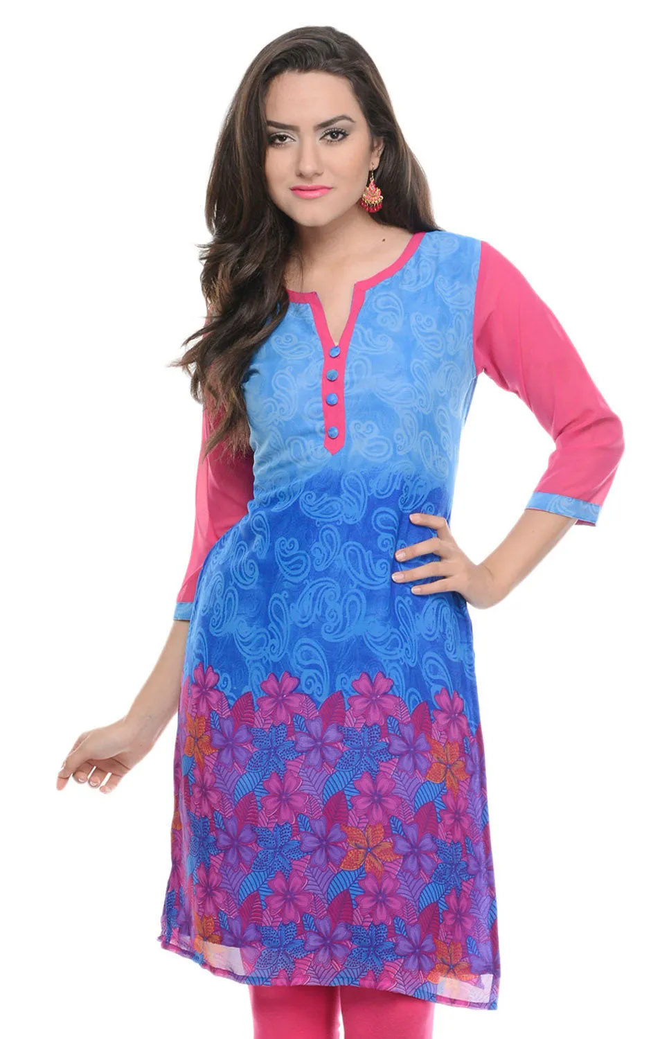 India Tunic Top Long  Kurti Georgette Womens Printed Indian Clothing (Blue)