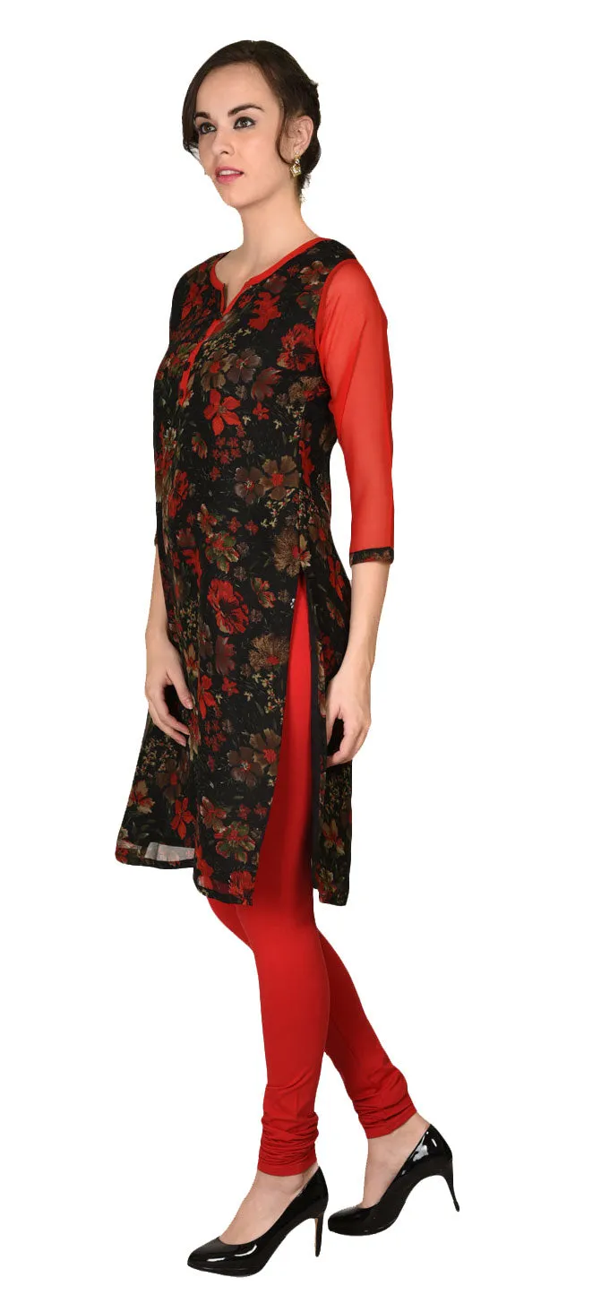 India Tunic Top Long Kurti Georgette Womens Printed Indian Clothing (Red)