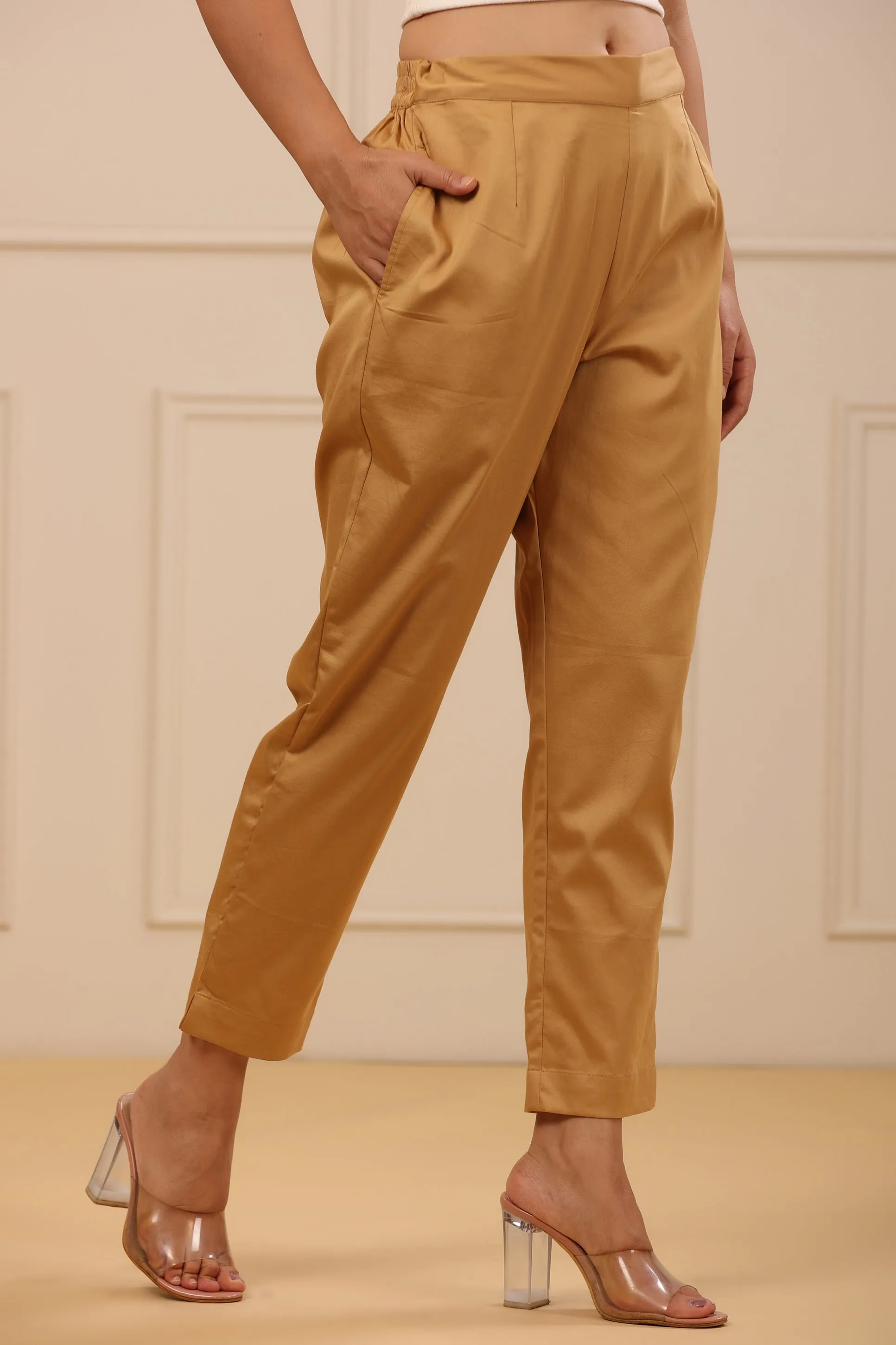 Juniper  Beige Cotton Solid Slim Fit Pants With Partially Elasticated Waistband