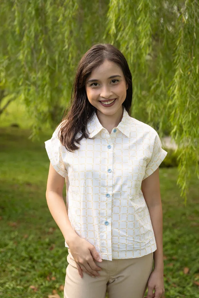 Ladies Sadie Blouse - Cream Bamboo Tiles