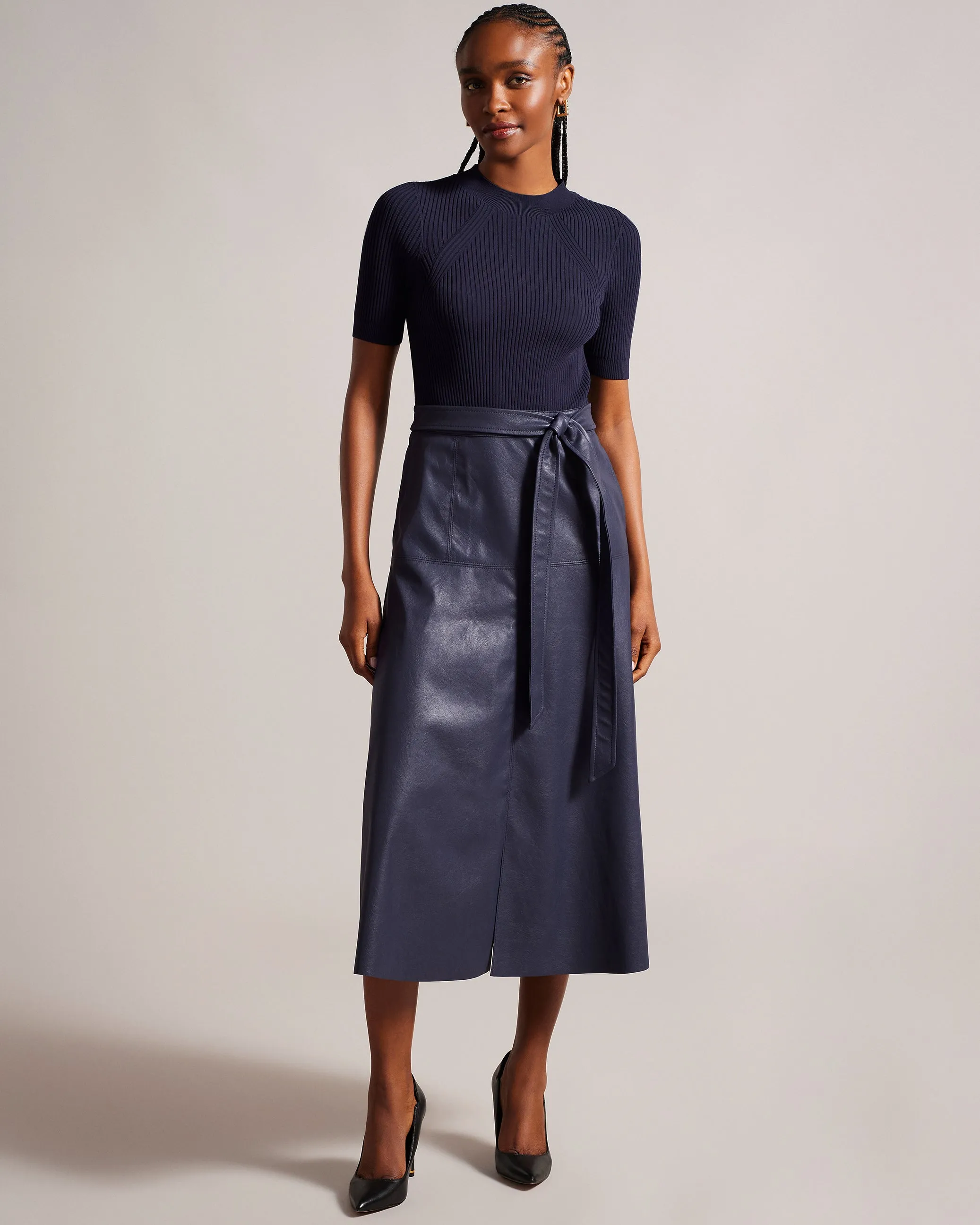 Matiar Knit And Faux Leather Midi Dress Dk-Blue