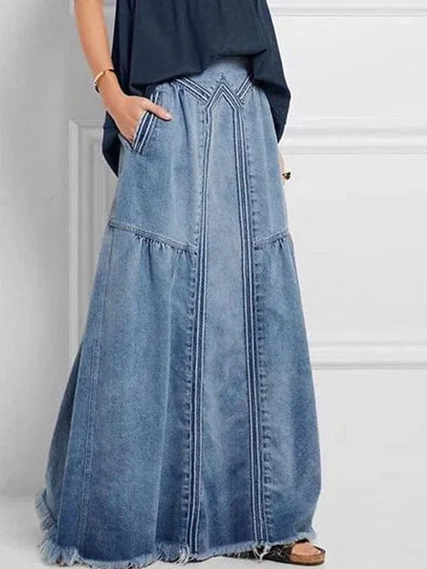 Maxi Length Denim Skirt for Women - Blue Gray