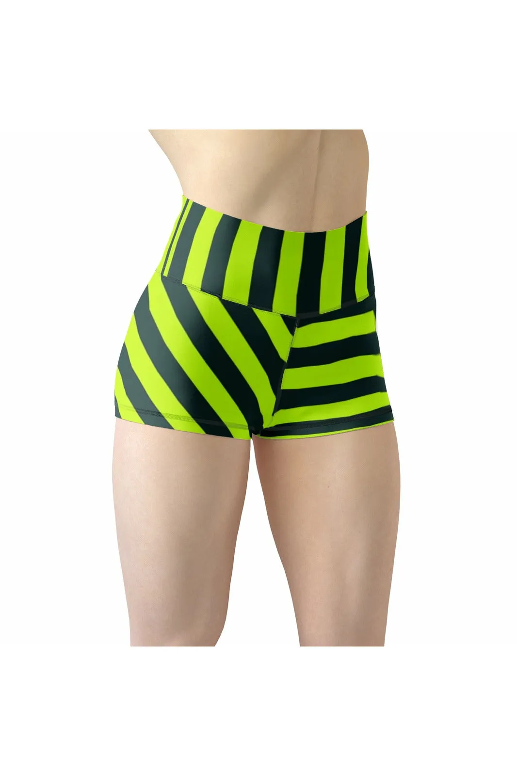 Neon Green Striped Women's Yoga Shorts