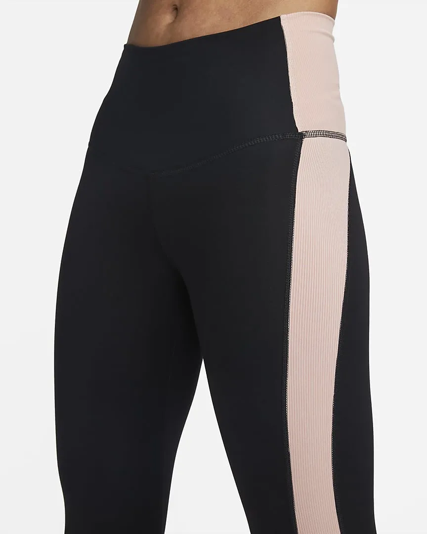 NIKE WOMEN'S YOGA HIGH-WAISTED 7/8 RIBBED-PANEL BLACK/PINK TIGHTS