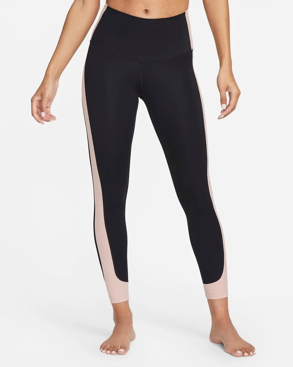 NIKE WOMEN'S YOGA HIGH-WAISTED 7/8 RIBBED-PANEL BLACK/PINK TIGHTS