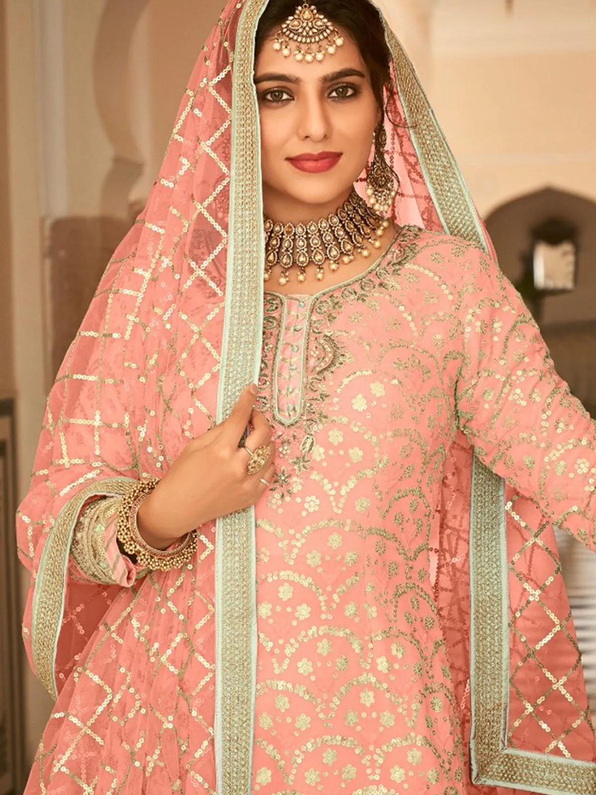 Odette Women Peach Partywear Sequence Embroidered Georgette Sharara Semi Stitched Suit