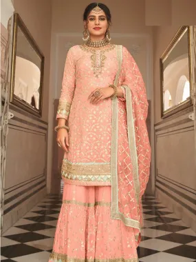 Odette Women Peach Partywear Sequence Embroidered Georgette Sharara Semi Stitched Suit