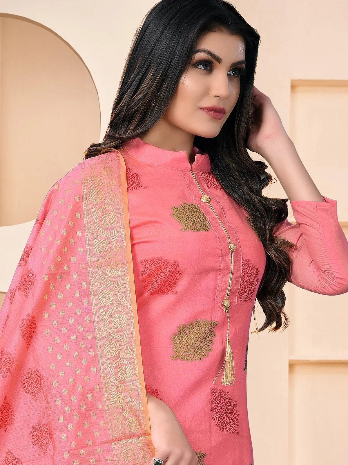 Odette Women Pink Banarasi Jacquard Wevon Designer Semi Stitched Kurta Set