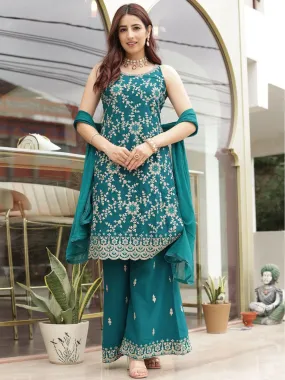 Odette Women Teal Faux Georgette Embroidered Semi Stitched Palazzo Suit