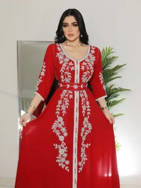 Red chiffon and embroidered dress S4652236