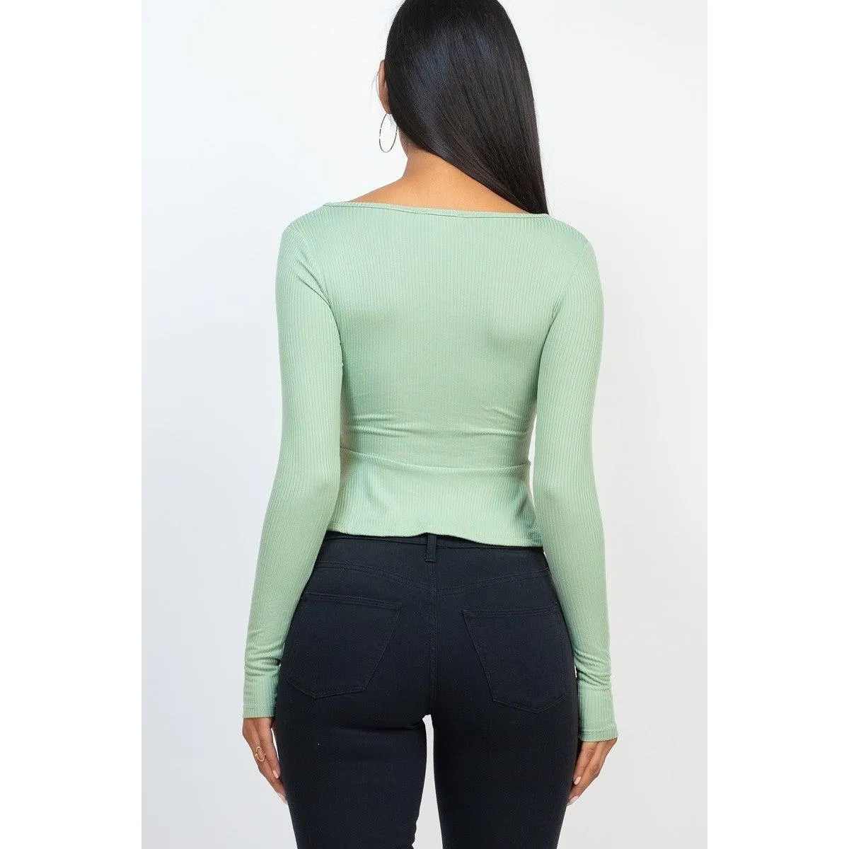 Ribbed Drawstring Front Long Sleeve Peplum Top