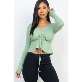 Ribbed Drawstring Front Long Sleeve Peplum Top