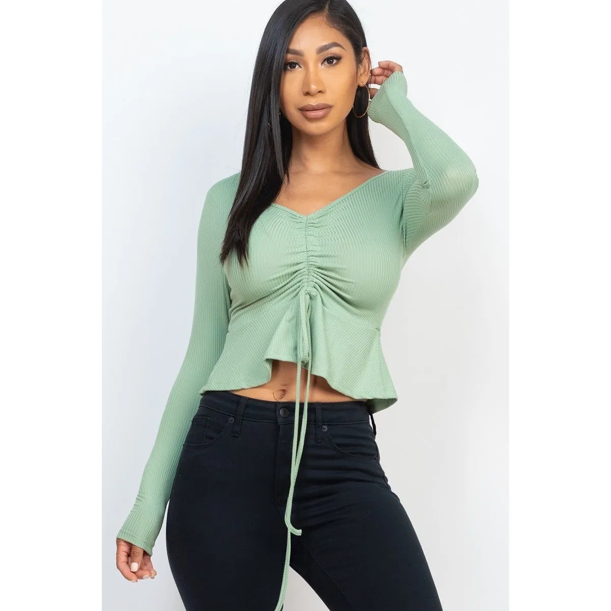 Ribbed Drawstring Front Long Sleeve Peplum Top