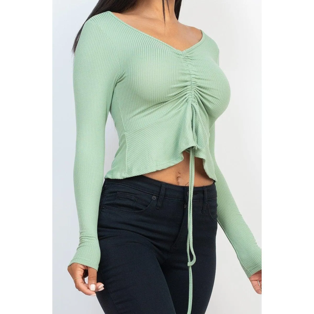 Ribbed Drawstring Front Long Sleeve Peplum Top