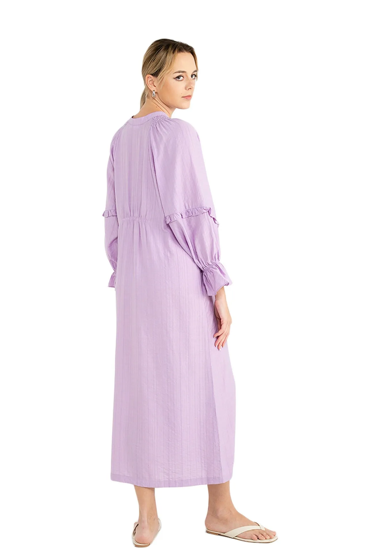 Ruffle Details Long Puff Sleeves Maxi Dress