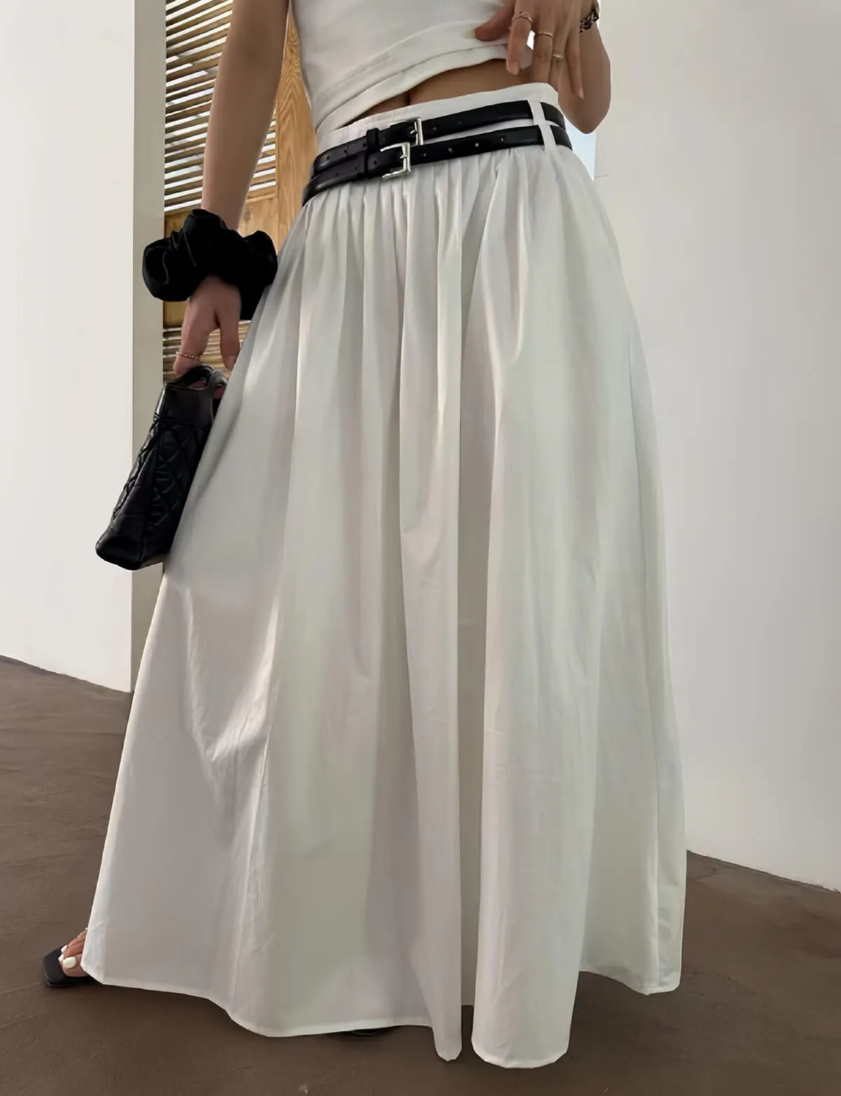 Thea White Double Belted Skirt-PREORDER